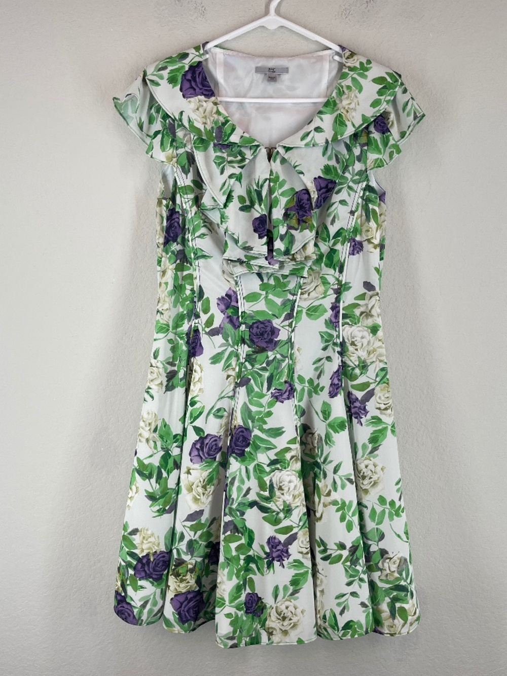 Zac Zac Posen Floral Dress Women's Size 12 Green Purple Fit & Flare Ruffle